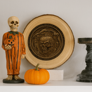 Rustic Gothic: Laser-Engraved Skull & Pumpkin Wood Slice